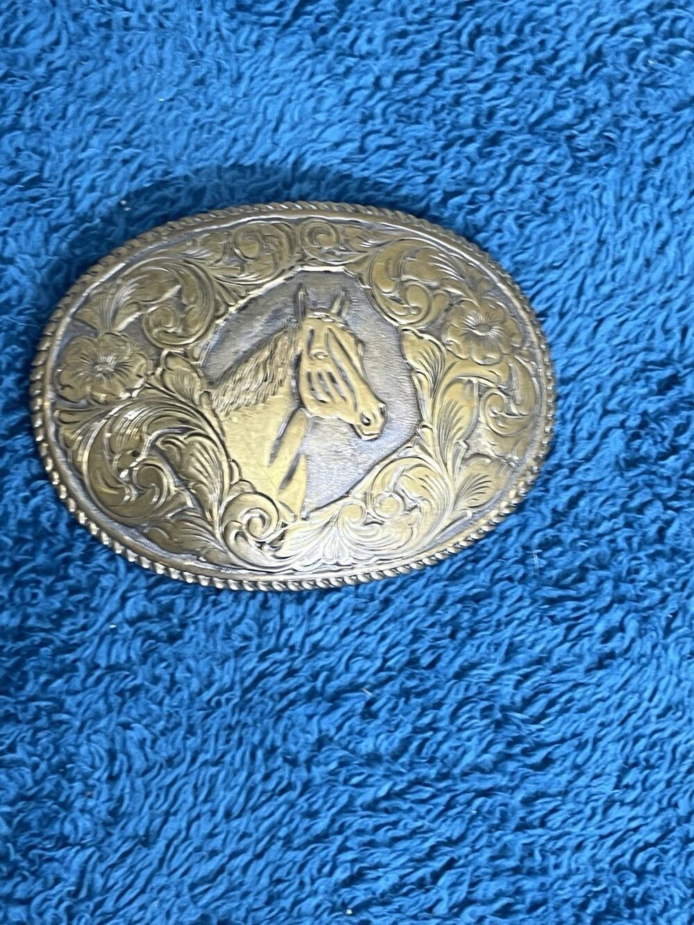 Vintage Western Oval Brass Horse Head Belt Buckle